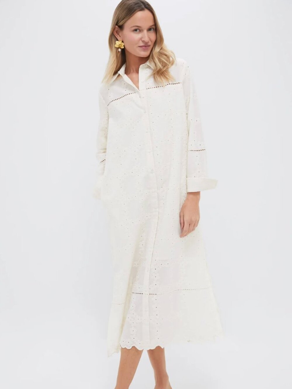 Pomander Place Cream Eyelet Button-Front Maxi Dress